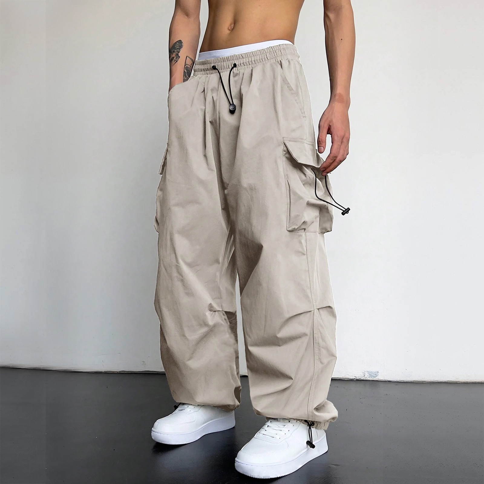 thumbnail image 4 of Pantalones cargo deportivos de cintura informal para hombre - Bolsillo tejido con cordón - Ropa urbana para todas las estaciones, 4 of 8
